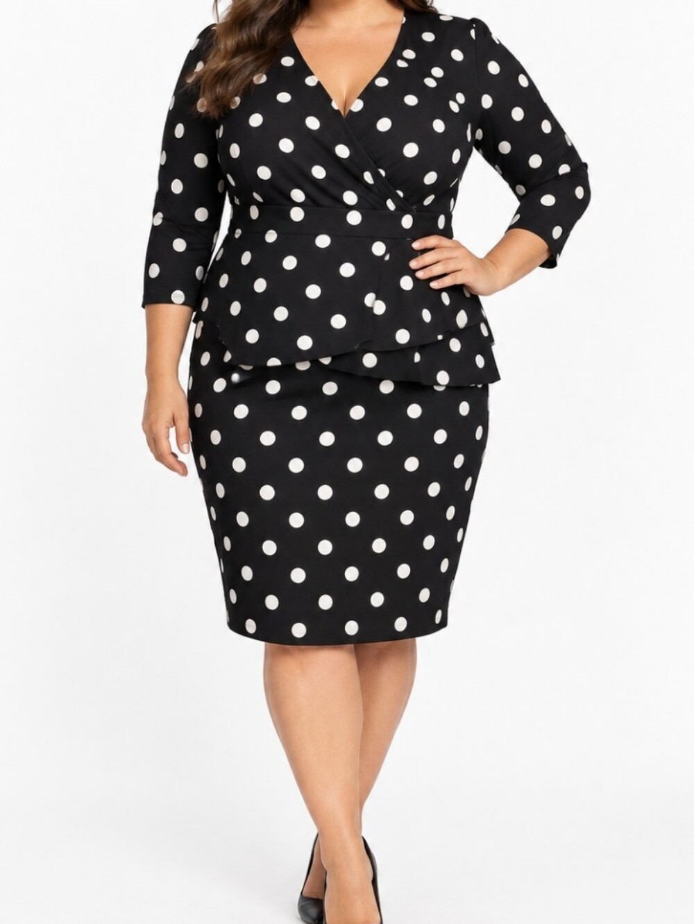 Cleo Black & White Polka Dot Peplum Pencil Dress Size 12 Classic Old Money Vibes